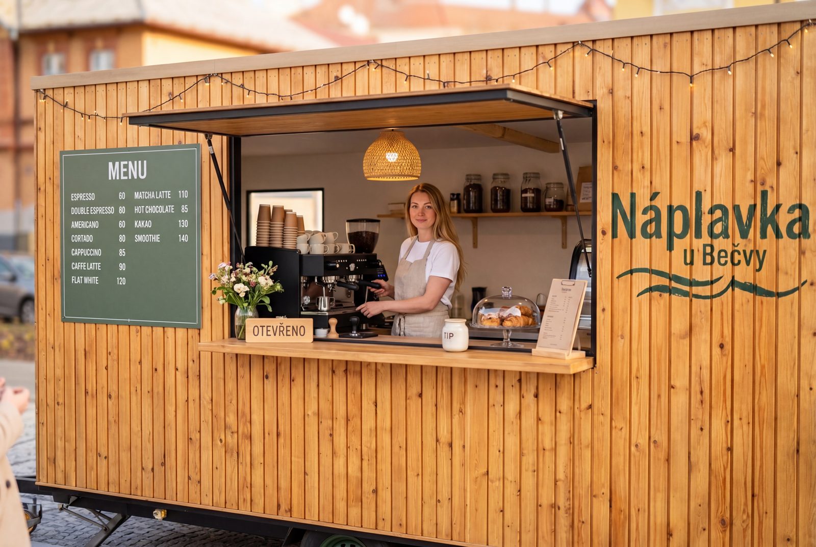 Detail vizualizace — stánek s menu a logem
