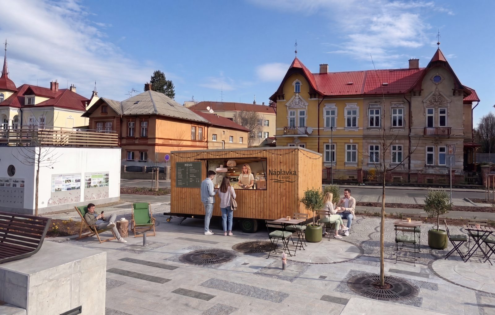 Vizualizace pojízdné kavárny usazené na náměstí